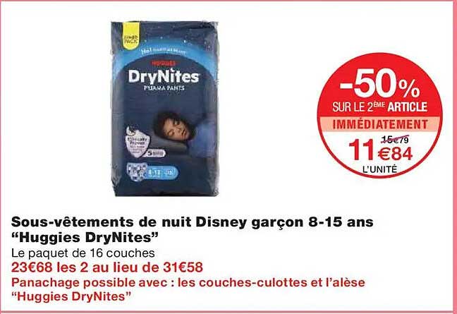 Sous-vêtements de nuit Disney garçon 8-15 ans "Huggies DryNites"