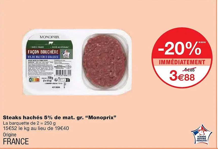 Steaks hachés 5% de mat. gr. "Monoprix"