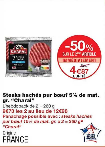 Steaks hachés pur bœuf 5% de mat. gr. "Charal"