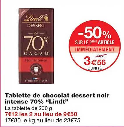 Tablette de chocolat dessert noir intense 70% "Lindt"