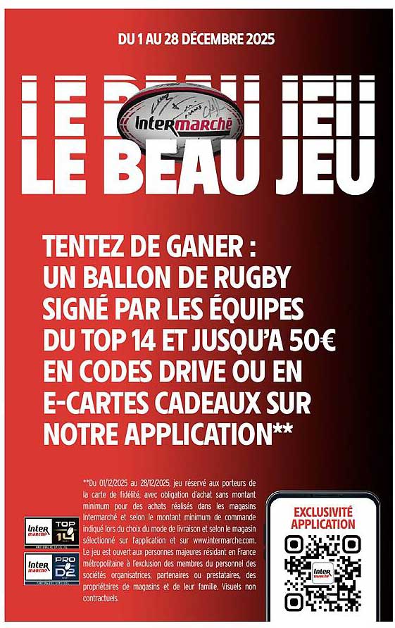 TENTEZ DE GAGNER : UN BALLON DE RUGBY SIGNÉ PAR LES ÉQUIPES DU TOP 14 ET JUSQU'À 50€ EN CODES DRIVE OU EN E-CARTES CADEAUX SUR NOTRE APPLICATION