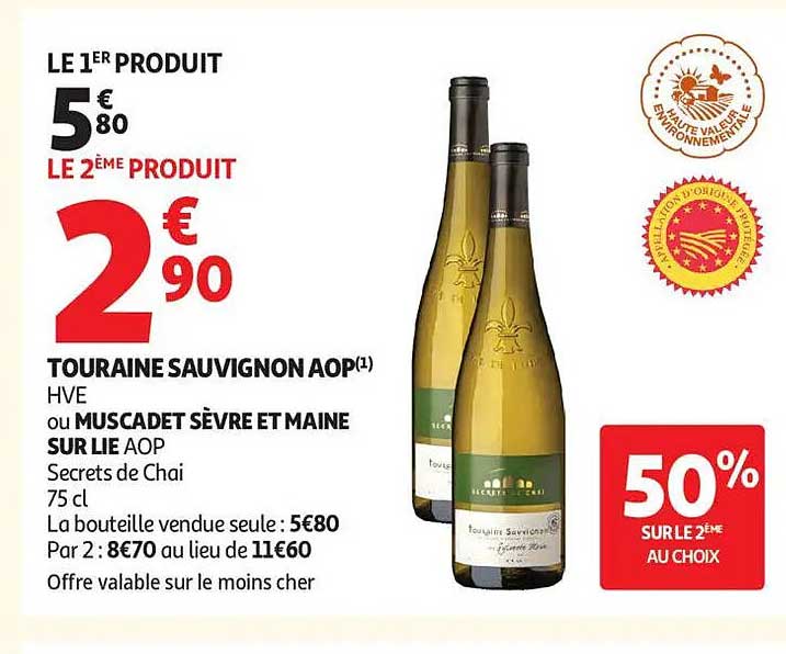 TOURAINE SAUVIGNON AOP HVE ou MUSCADET SÈVRE ET MAINE SUR LIE AOP Secrets de Chai