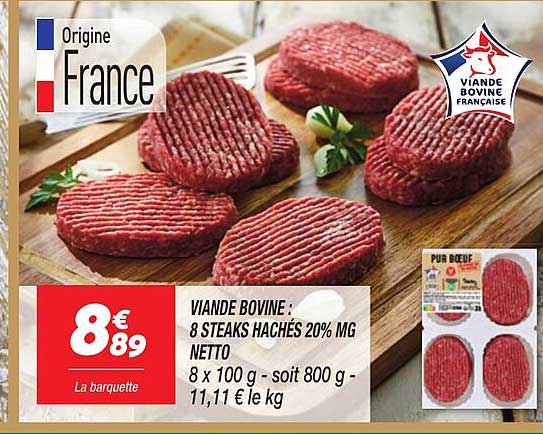 VIANDE BOVINE : 8 STEAKS HACHÉS 20% MG NETTO