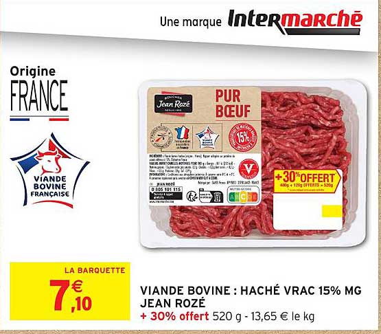 VIANDE BOVINE : HACHÉ VRAC 15% MG JEAN ROZÉ