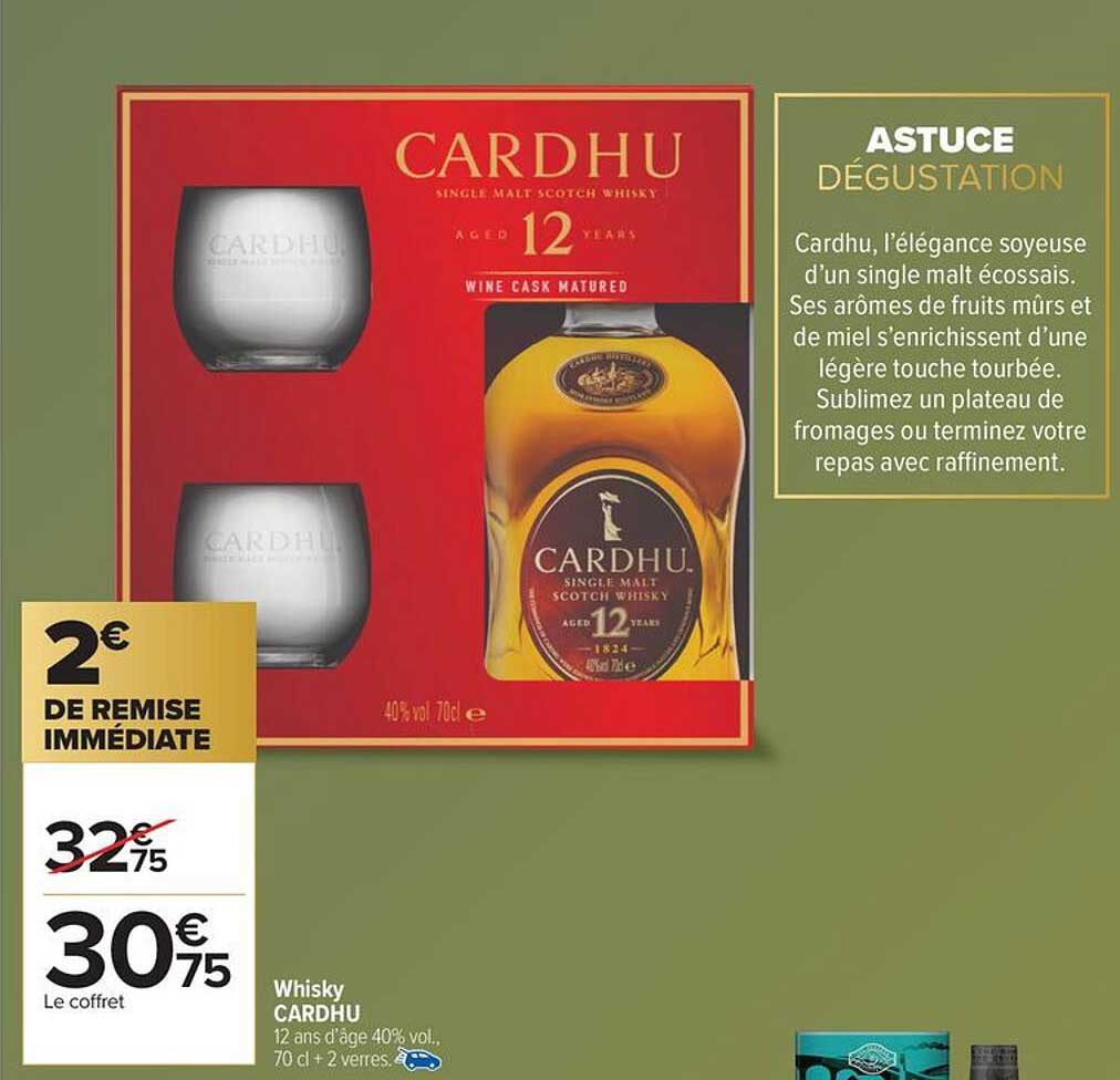 Whisky CARDHU 12 ans d'âge 40% vol, 70 cl + 2 verres.