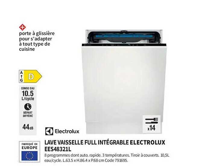 LAVE VAISSELLE FULL INTÉGRABLE ELECTROLUX EES48321L