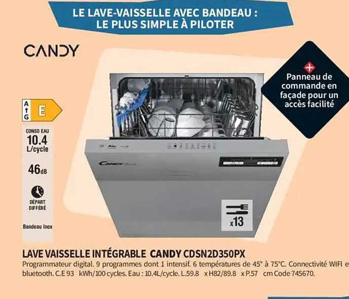 LAVE VAISSELLE INTÉGRABLE CANDY CDSN2D350PX