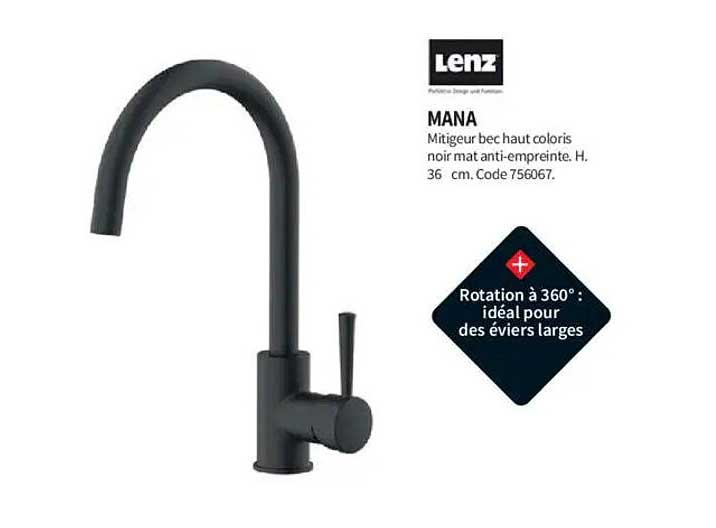 MANO  
Mitigeur bec haut coloris noir mat anti-empreinte.