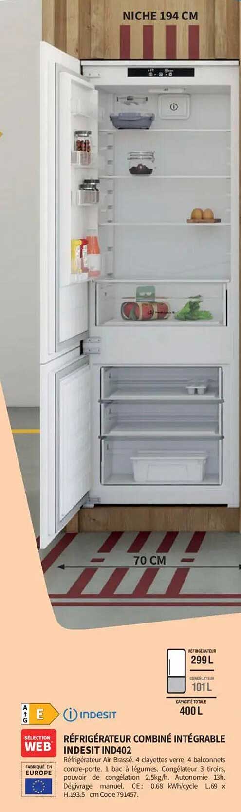 RÉFRIGÉRATEUR COMBINÉ INTÉGRABLE INDESIT IND402