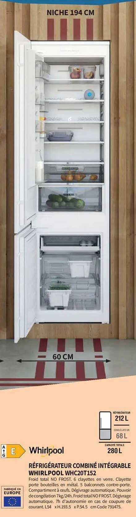 RÉFRIGÉRATEUR COMBINÉ INTÉGRABLE WHIRLPOOL WHC20T152