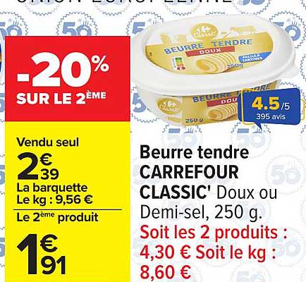 Beurre tendre CARREFOUR CLASSIC' Doux ou Demi-sel, 250 g.