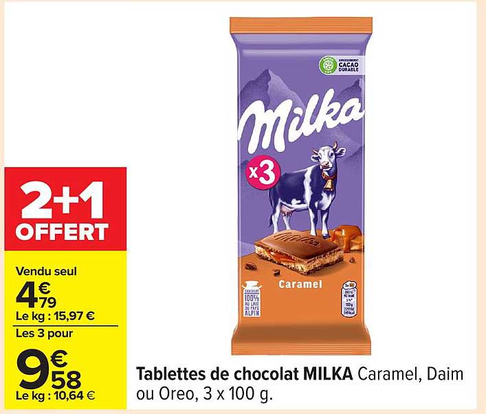 Tablettes de chocolat MILKA Caramel, Daim ou Oreo, 3 x 100 g.