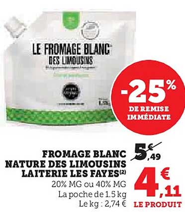 FROMAGE BLANC NATURE DES LIMOUSINS LAITERIE LES FAYES