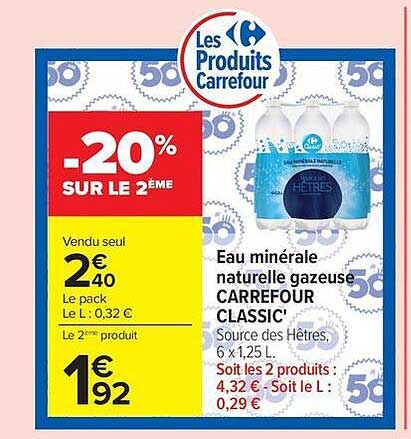 Eau minérale naturelle gazeuse CARREFOUR CLASSIC' Source des Hêtres, 6 x 1,25 L