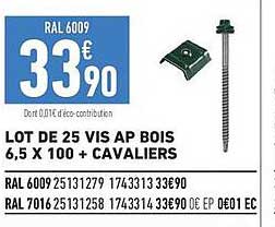 LOT DE 25 VIS AP BOIS 6,5 X 100 + CAVALIERS