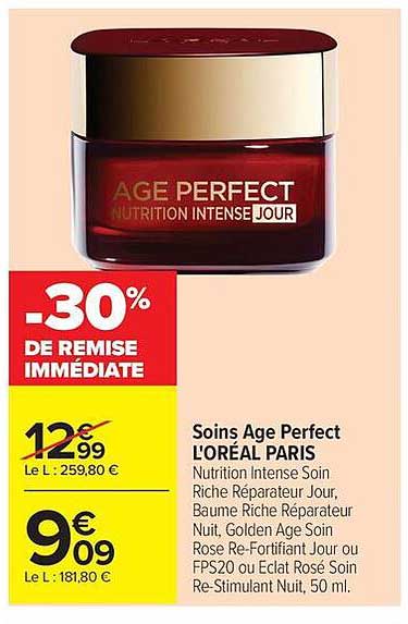 Soins Age Perfect L'ORÉAL PARIS Nutrition Intense Soin Riche Réparateur Jour, Baume Riche Réparateur Nuit, Golden Age-Soins Rose Re-Fortifiant Jour ou FPS20 ou Eclat Rosé Soin Re-Stimulant Nuit, 50 ml