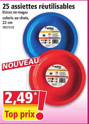 25 assiettes réutilisables bleues ou rouges coloris au choix, 22 cm