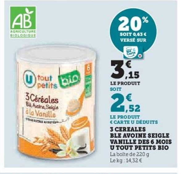 3 Céréales Blé Avoine Seigle Vanille des 6 mois U Tout Petits Bio