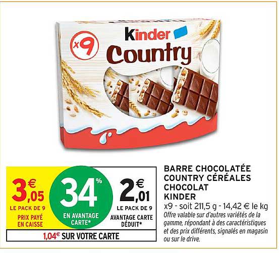 BARRE CHOCOLATÉE COUNTRY CÉRÉALES CHOCOLAT KINDER