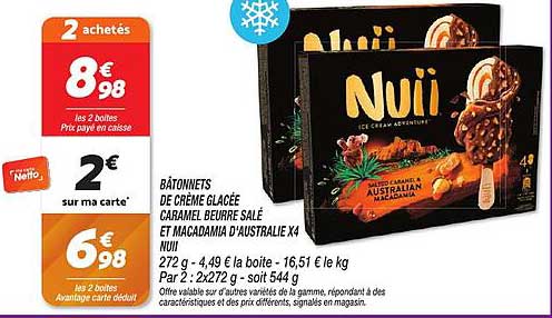 Bâtonnets de crème glacée caramel beurre salé et macadamia d'Australie X4 Nuii