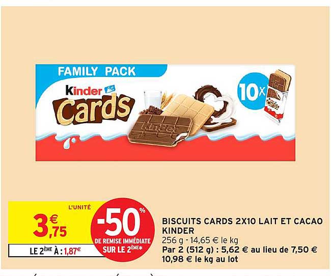 BISCUITS CARDS 2X10 LAIT ET CACAO KINDER