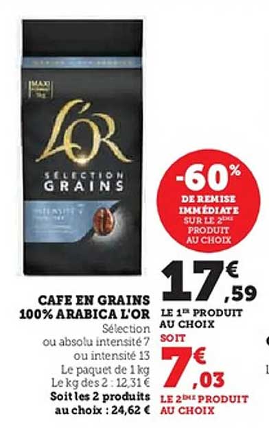 CAFE EN GRAINS 100% ARABICA L'OR