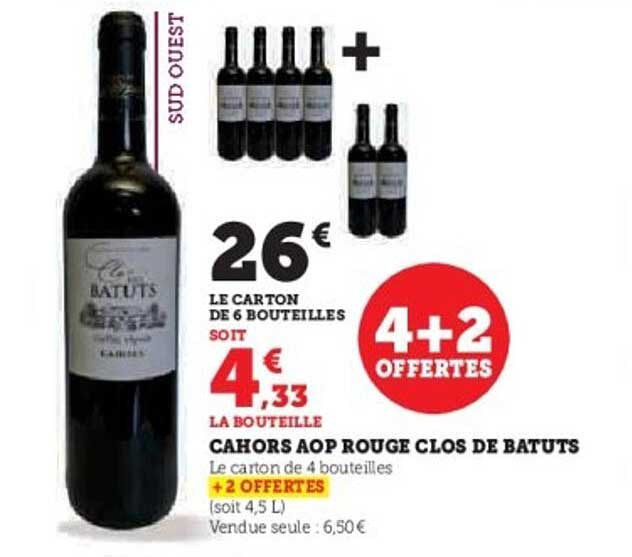 Cahors AOP Rouge Clos de Batuts - 4+2 Offertes