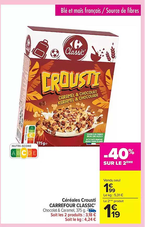 Céréales Crousti Carrefour Classic Chocolat & Caramel, 375 g