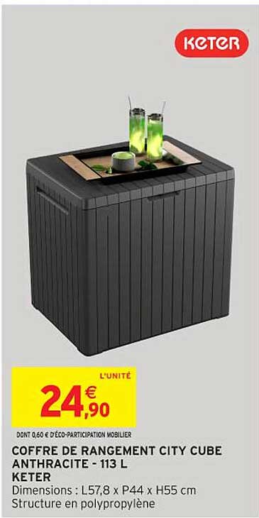 COFFRE DE RANGEMENT CITY CUBE ANTHRACITE - 113 L KETER