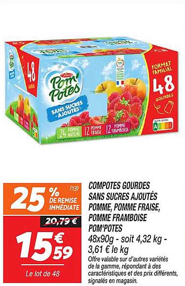 COMPOTES GOURDES SANS SUCRES AJOUTÉS POMME, POMME FRAISE, POMME FRAMBOISE POM'POTES