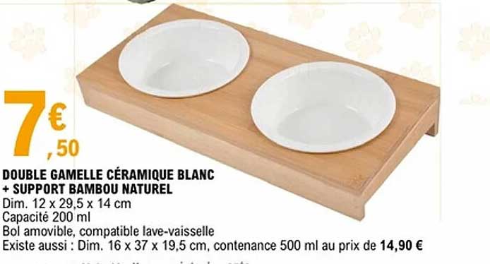 DOUBLE GAMELLE CÉRAMIQUE BLANC + SUPPORT BAMBOU NATUREL