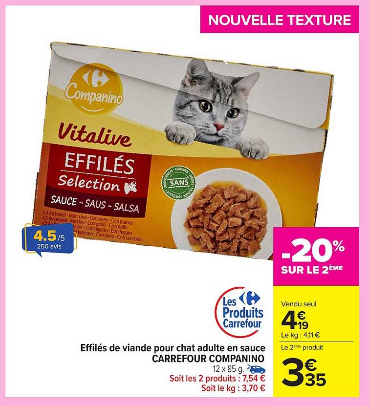 Effilés de viande pour chat adulte en sauce CARREFOUR COMPANINO