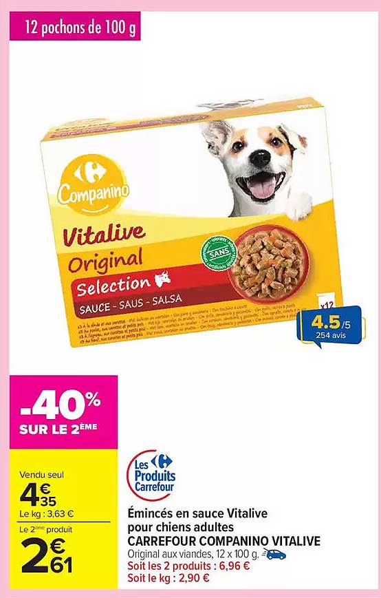 Émincés en sauce Vitalive pour chiens adultes CARREFOUR COMPANINO VITALIVE
