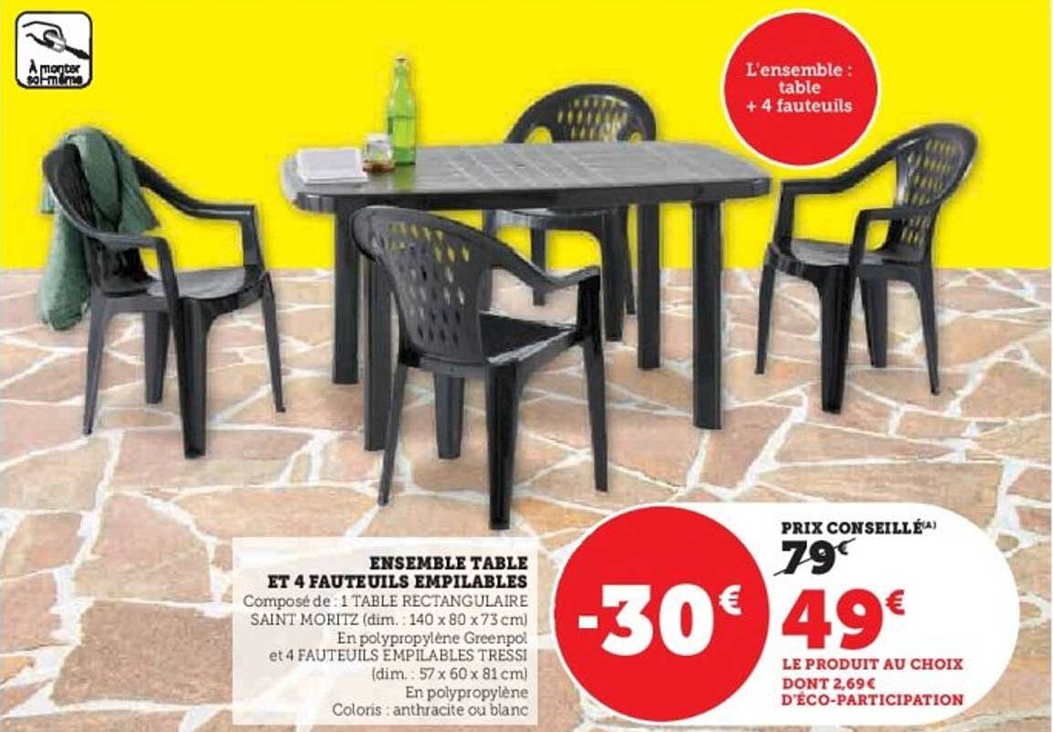 ENSEMBLE TABLE ET 4 FAUTEUILS EMPILABLES