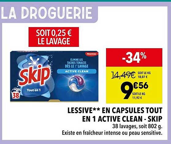 LESSIVE** EN CAPSULES TOUT EN 1 ACTIVE CLEAN - SKIP