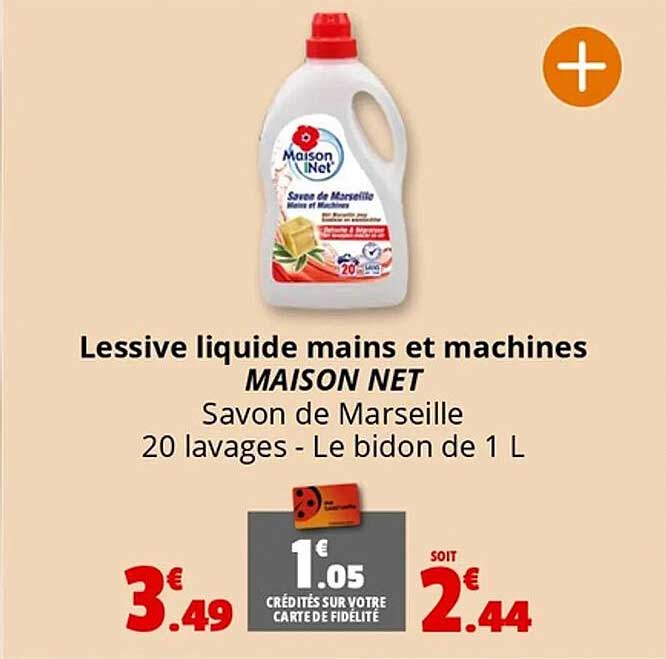 Lessive liquide mains et machines MAISON NET Savon de Marseille 20 lavages - Le bidon de 1 L