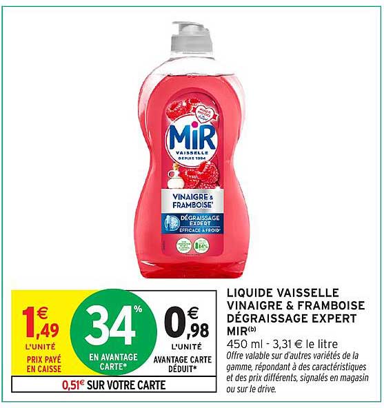LIQUIDE VAISSELLE VINAGRE & FRAMBOISE DÉGRAISSAGE EXPERT MIR