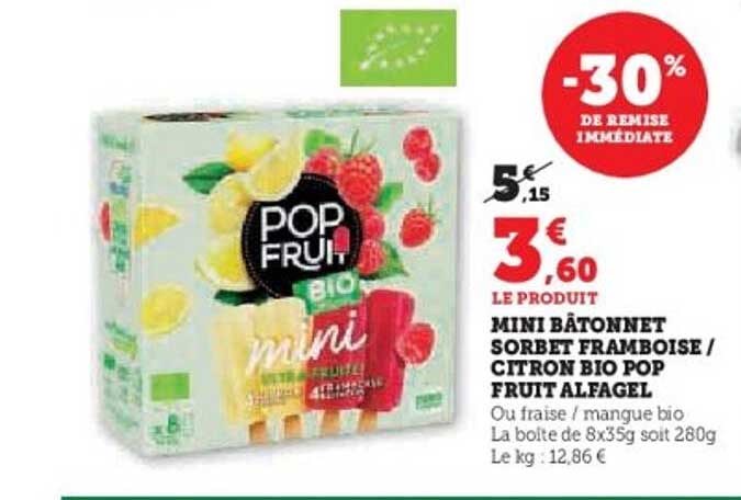 MINI BÂTONNET SORBET FRAMBOISE / CITRON BIO POP FRUIT ALFAGEL