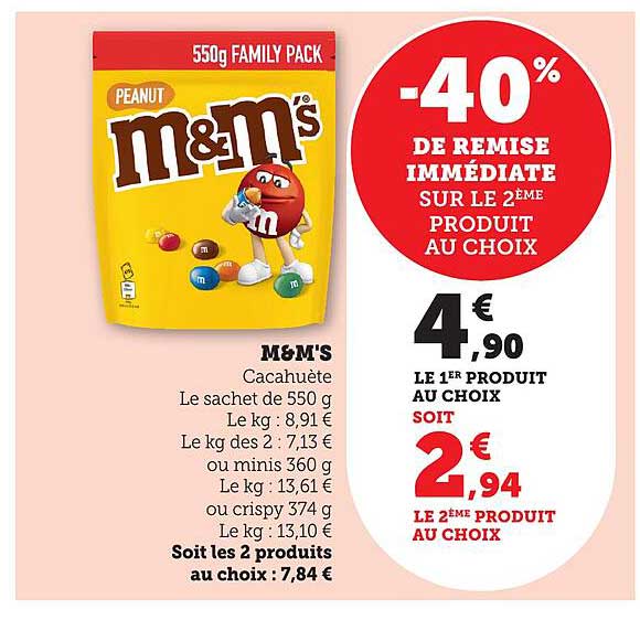M&M'S Cacahuète -40% de remise immédiate sur le 2ème produit au choix