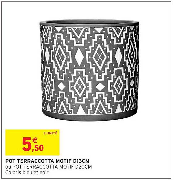 POT TERRACOTTA MOTIF D13CM ou POT TERRACOTTA MOTIF D20CM Coloris bleu et noir