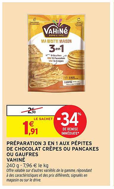 PRÉPARATION 3 EN 1 AUX PÉPITES DE CHOCOLAT CRÊPES OU PANCAKES VAHINÉ