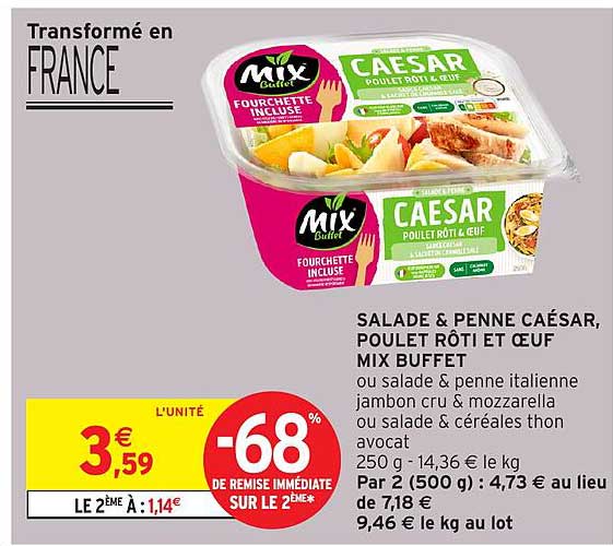 SALADE & PENNE CAÉSAR, POULET RÔTI ET ŒUF MIX BUFFET
