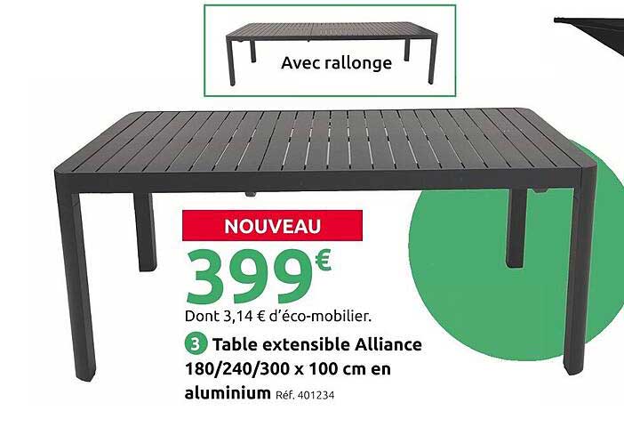 Table extensible Alliance 180/240/300 x 100 cm en aluminium