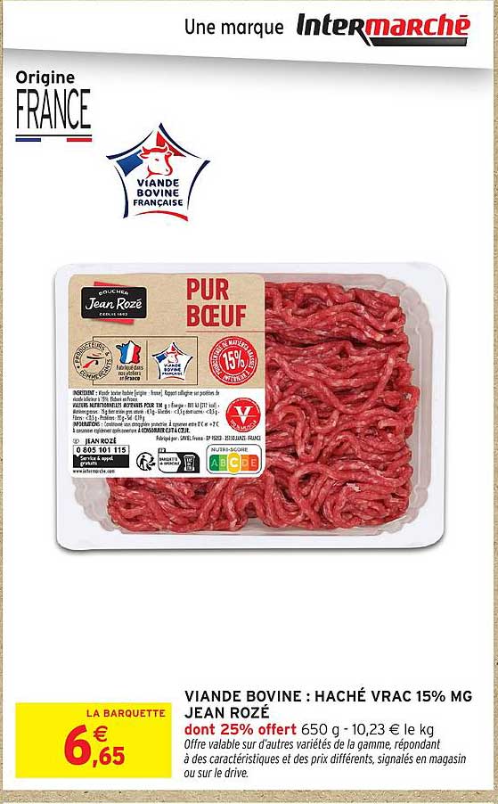 VIANDE BOVINE : HACHÉ VRAC 15% MG JEAN ROZÉ