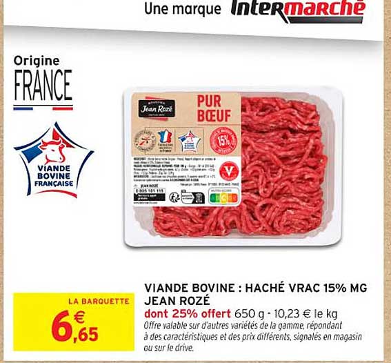 VIANDE BOVINE : HACHÉ VRAC 15% MG JEAN ROZÉ