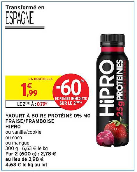 YAOURT À BOIRE PROTÉINÉ 0% MG FRAISE/FRAMBOISE HIPRO