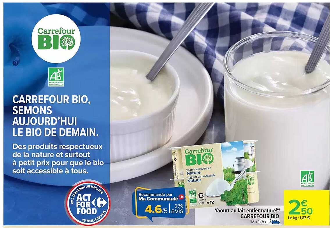 Yaourt au lait entier nature CARREFOUR BIO