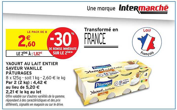Yaourt au lait entier saveur vanille Pâturages