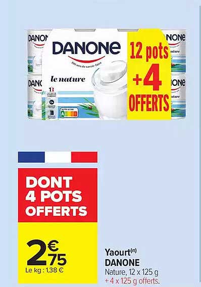 Yaourt(n) DANONE Nature, 12 x 125 g + 4 x 125 g offerts