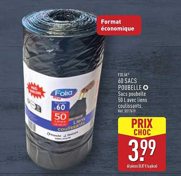 60 SACS POUBELLE 50 L avec liens coulissants